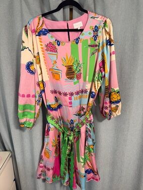 Sugarlips Pink and Green Botanical-Print Mini Dress